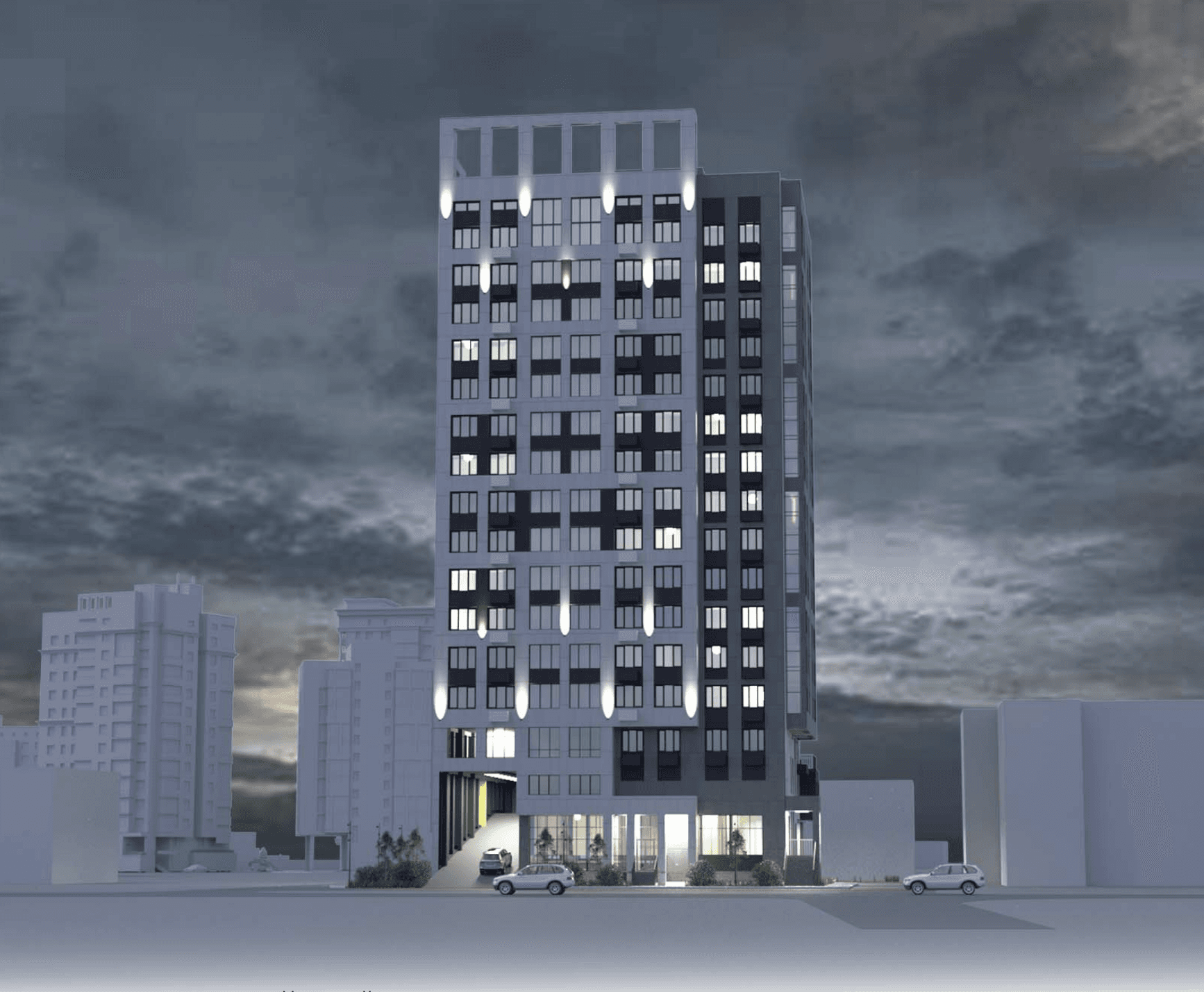 ЖК Крепость, фасад в тёмное время суток